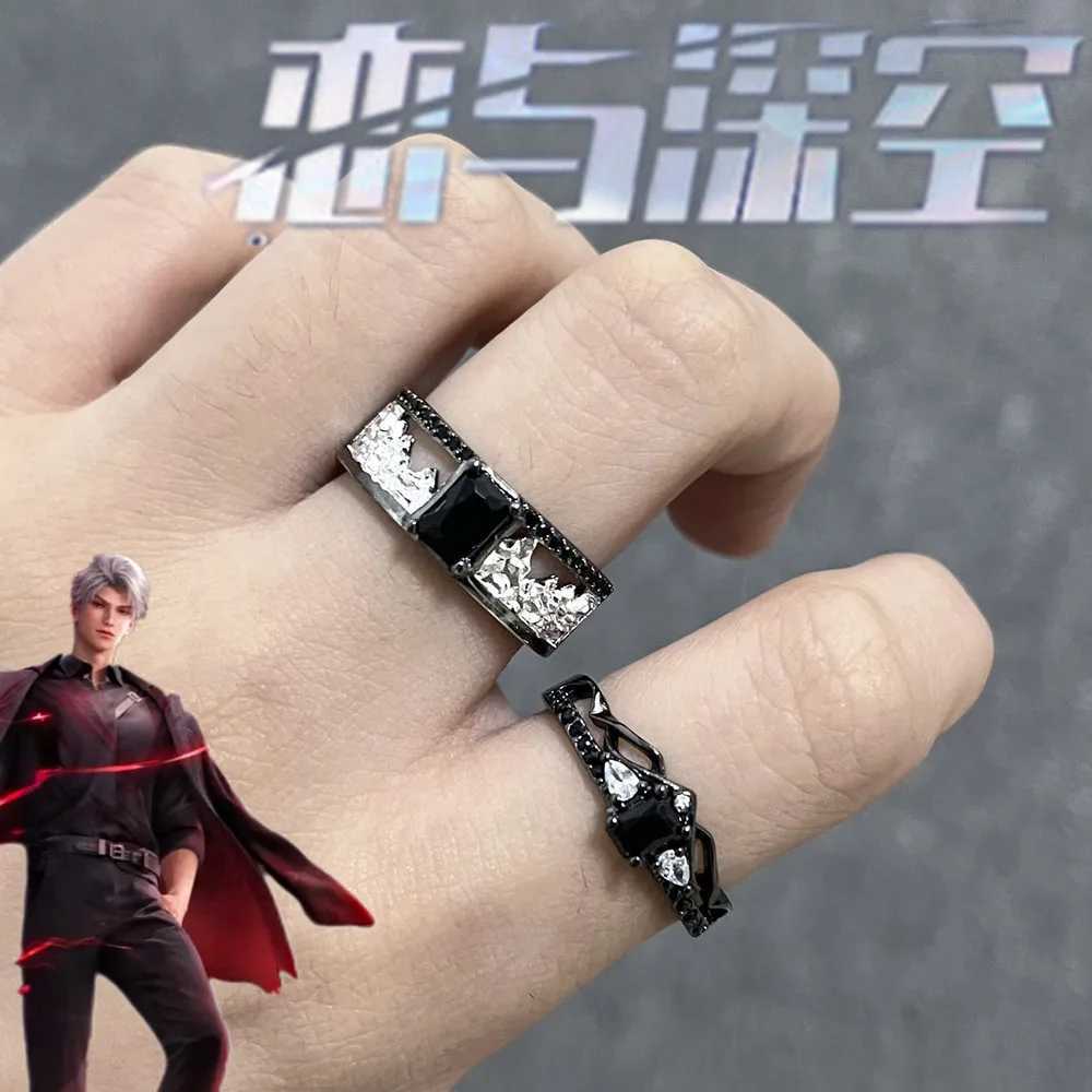 Game Love And Deepspace Sylus Rings Cosplay Black Gemstone Couple Ring Alloy Adjustable Jewelry Accessories Halloween W250606