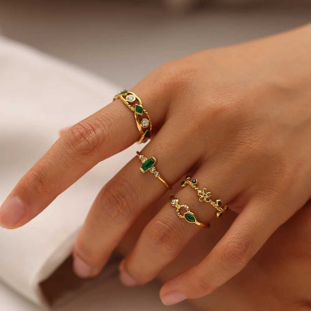 WILD FREE Green Zircon Crystal Stainless Steel Rings for Women Simple Charm PVD Gold Plated Waterproof Jewelry W250606