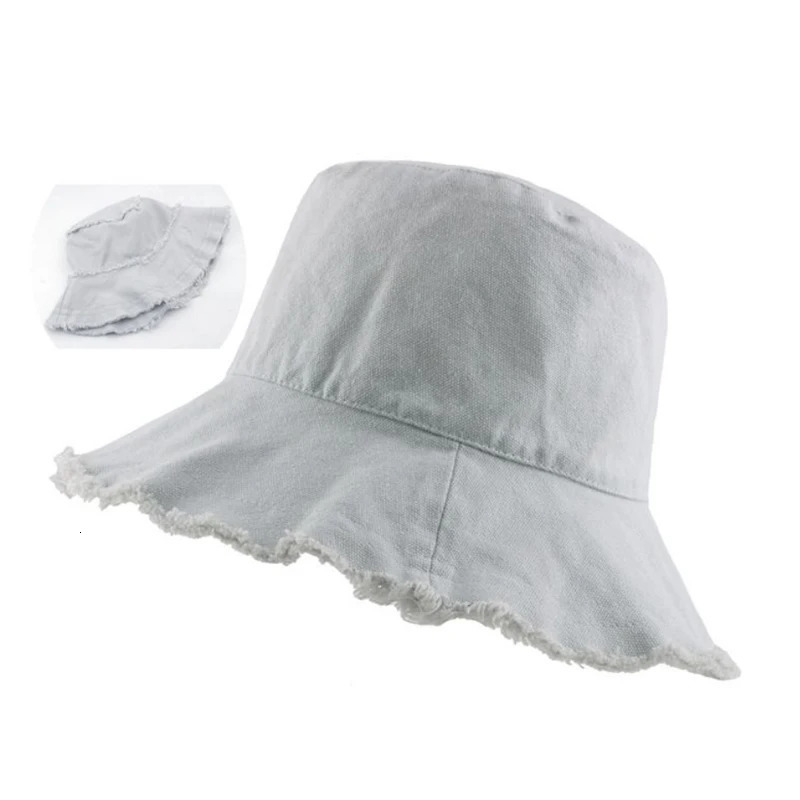 Custom Tassel Washed Denim Bucket Hat Cotton Plain Wide Brim Foldable Fishermans Hat Outdoor Beach Panama Cap 250605