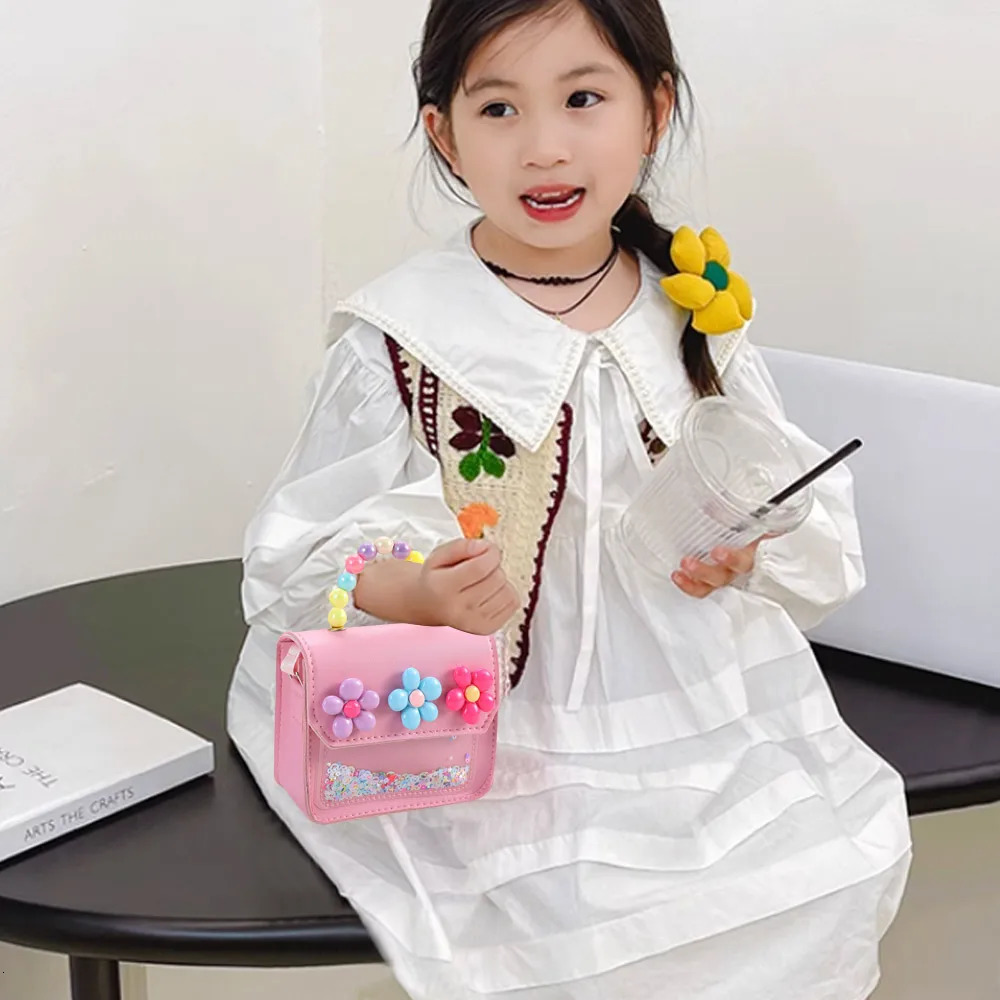 Cute Flowers Childrens Handbags Messenger Bag Sweet Girls Pearl Shiny Kids Shoulder Cartoon PU Leather Crossbody Bags 250605