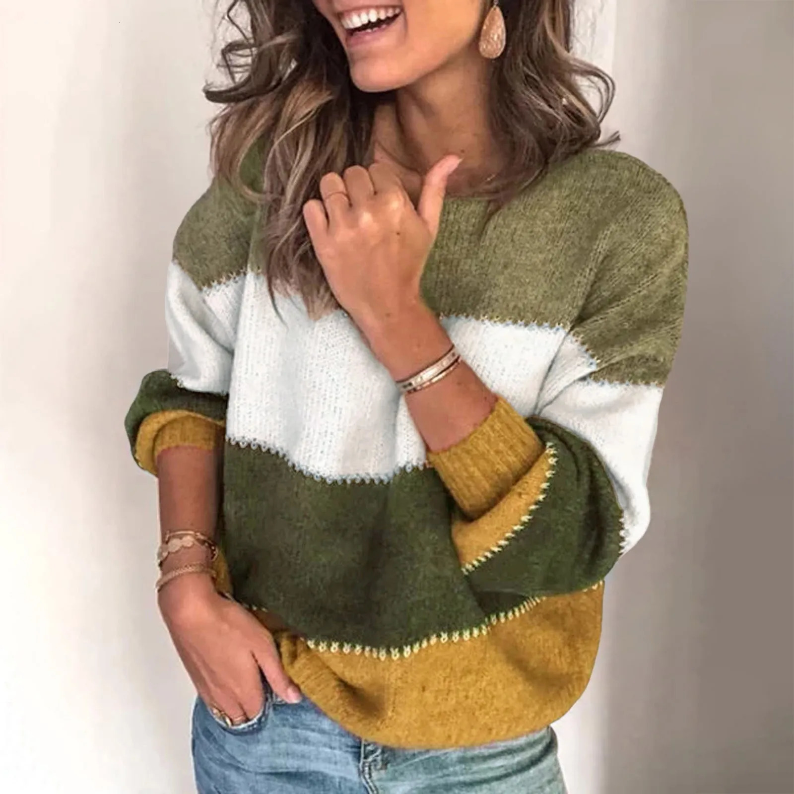 Women Sweaters Casual Long Sleeve Crewneck Color Block Pullover Knit Top Vintage Korean Fashion Warm WomenS 250530