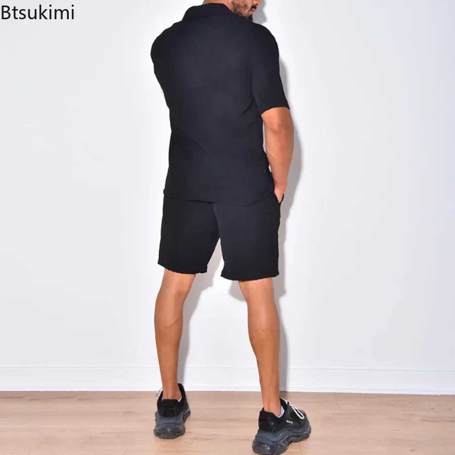 New 2025 Mens Summer Casual Clothing Sets Solid Short Sleeve Pockets Shirt +Shorts Sets Male Cotton Linen Two Piece Suits Sets W250609