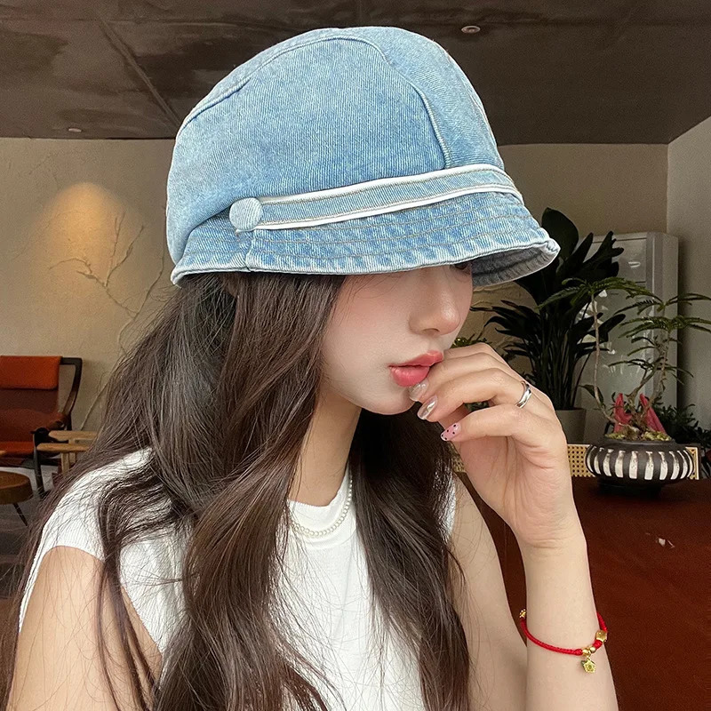 Women Cotton Fisherman Hat Bucket Hats Summer Sunscreen Panama Denim Fabric Sunbonnet Outdoor Casual Fisherman Hat Beach Cap 250605