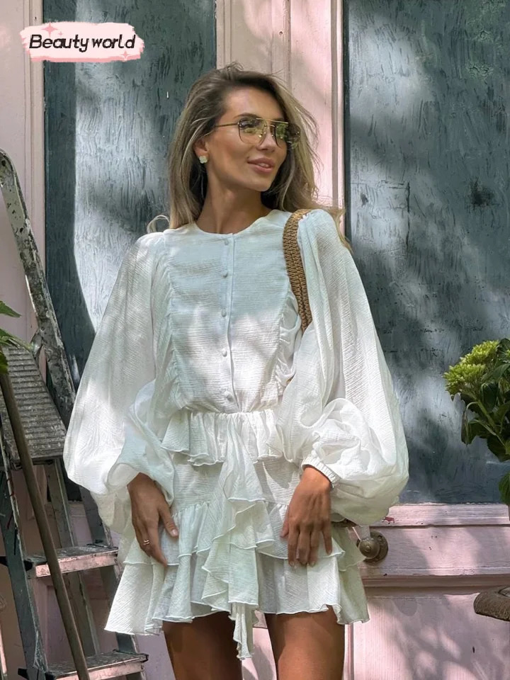 Casual Solid O Neck Ruffle Edge Womens Mini Dress Chic Lantern Sleeve Pleated Loose Dresses 2025 Summer Lady Holiday Dress 250605