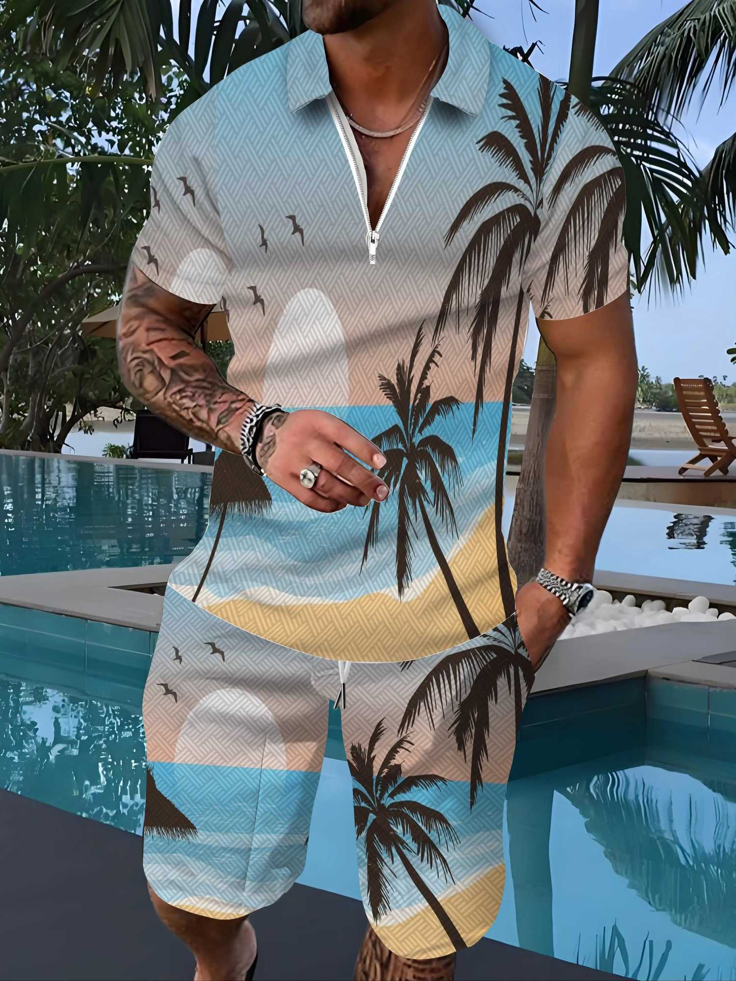 Mens Casual Two Piece Set Pineapple Palm Tree Pattern Summer Holiday Travel Zipper Polo Shirt And Shorts Outfit Breathable Suit W250609