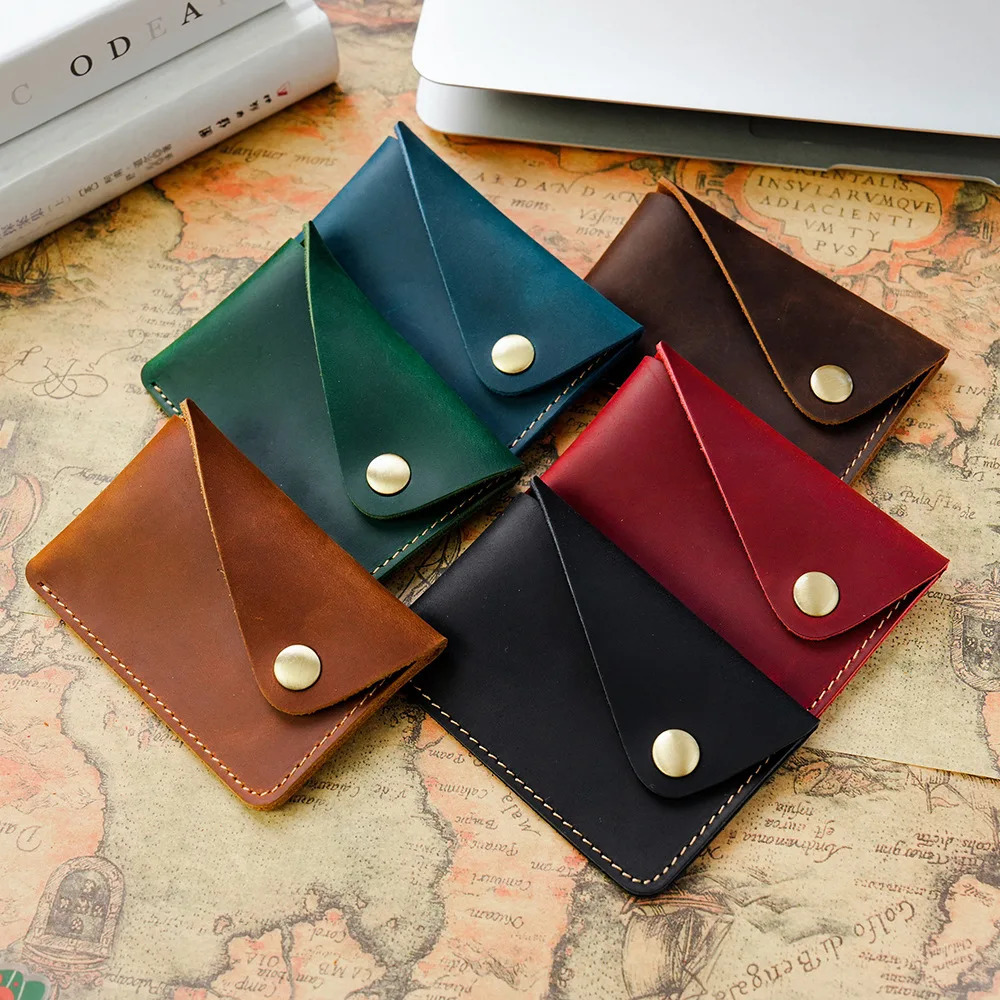 Handmade minimalist cowhide card case. Head layer cowhide creative small snap closure wallet. Japanese retro card bag. 250605