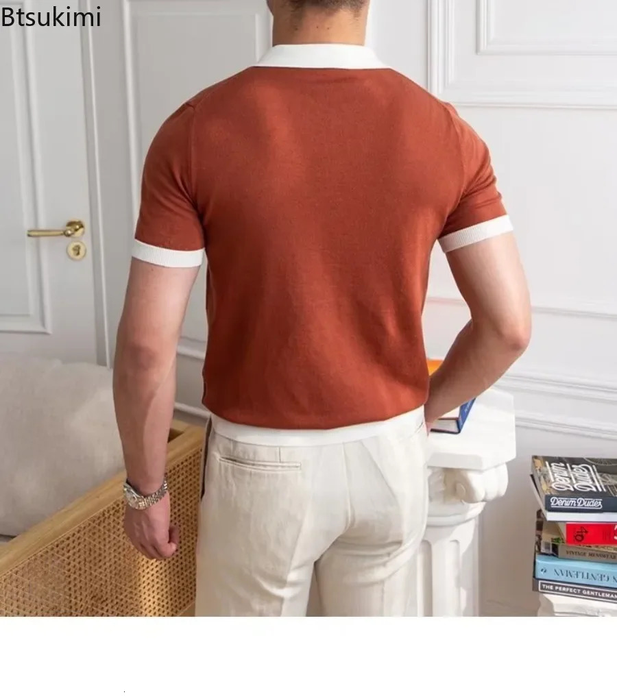 Fashion Mens Elegant Knitted Polo Shirts Casual Versatile Lapel Tees Summer Breathable Loose Tops for Men Clothes 250530