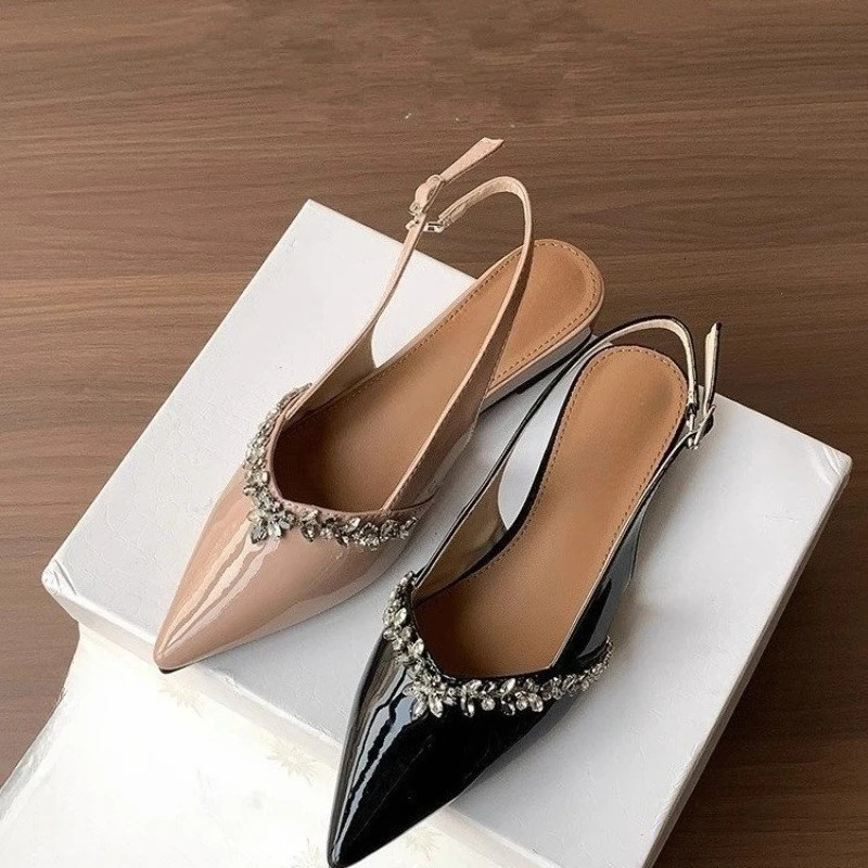 Patent Leather Pointed Toe Rhinestone Baotou Sandals Womens Soft Sole Shallow Mouth Back Empty Single Shoes 250605