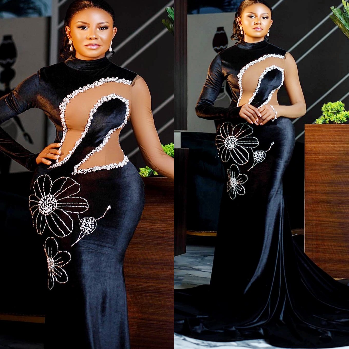 Black Mermaid Prom Dresses 2025 Beaded Crystals Velvet Full Sleeves Evening Formal Party Second Birthday Engagement Gowns Plus Size Dress For Special 