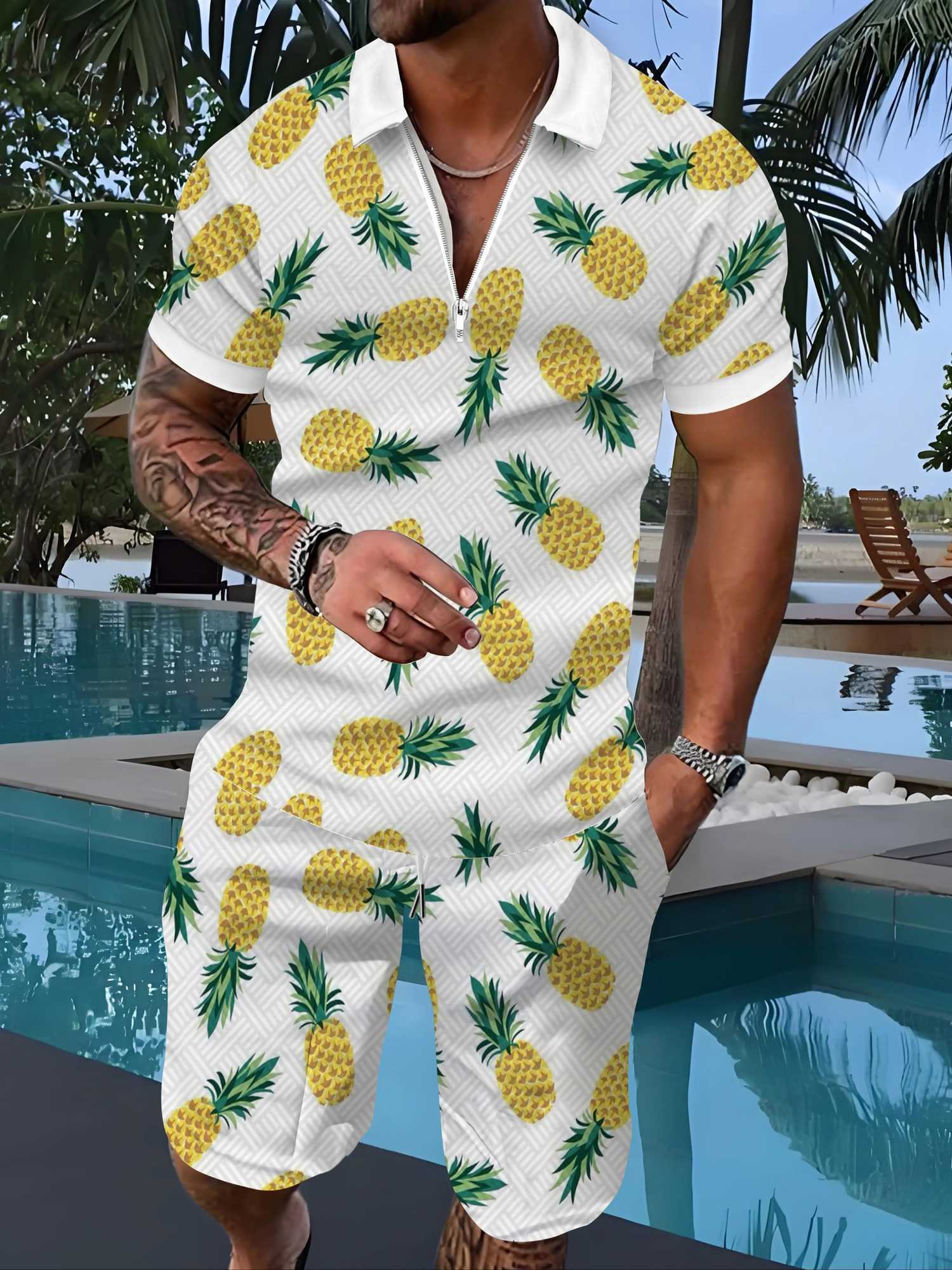 Mens Casual Two Piece Set Pineapple Palm Tree Pattern Summer Holiday Travel Zipper Polo Shirt And Shorts Outfit Breathable Suit W250609