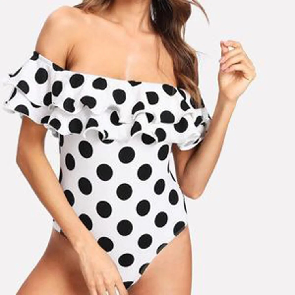 Black and White Polka Dot Ruffled OnePiece Swimsuits Sexy Push Up Bathing Suit Bodysuit Girl Beach Backless Swimwear Monokini 250530