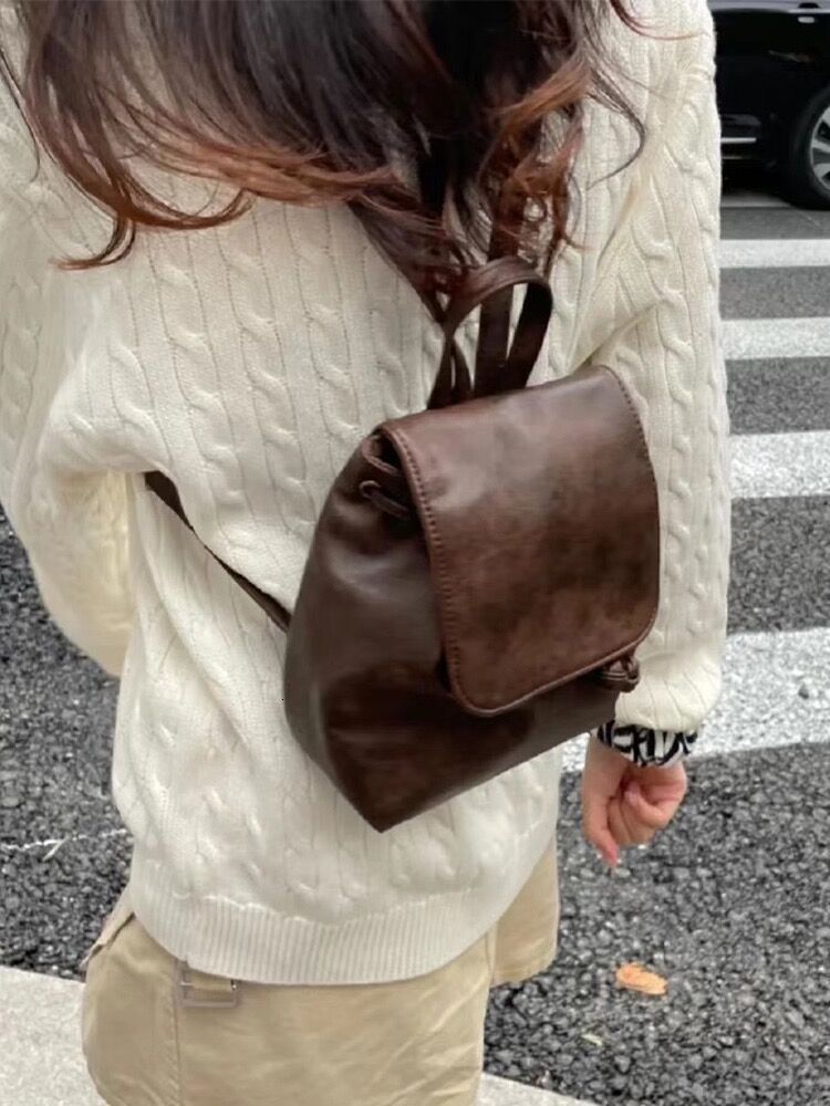 designer bag Same Style Compact Retro Brown Student Backpack for Women 2025 New Ins Simple Versatile Shoulder Bag