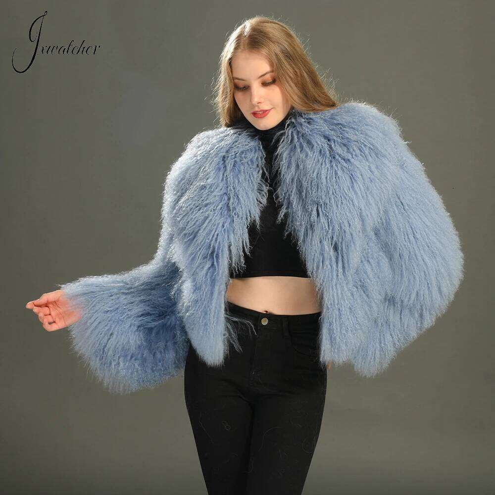Jxwatcher Mongolian Women Big Turn-Down Collar Short Real Fur Coat Winter Ladies Fashion Warm Fluffy Jacket Female Fall