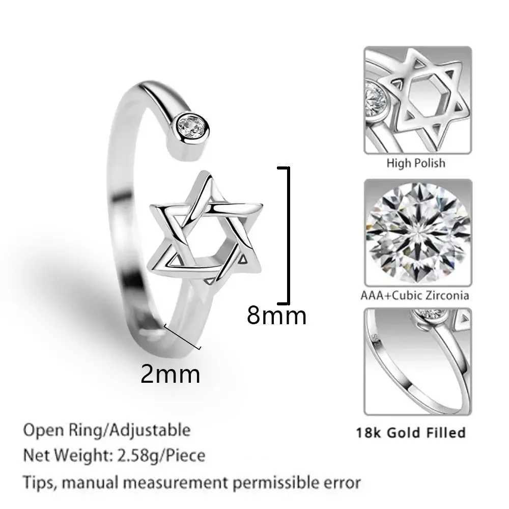 YILUOCD Hollow Hexagon Zircon Ring for Women Magen Star of David Adjustable Rings Promise Jewelry Gift XJ250606