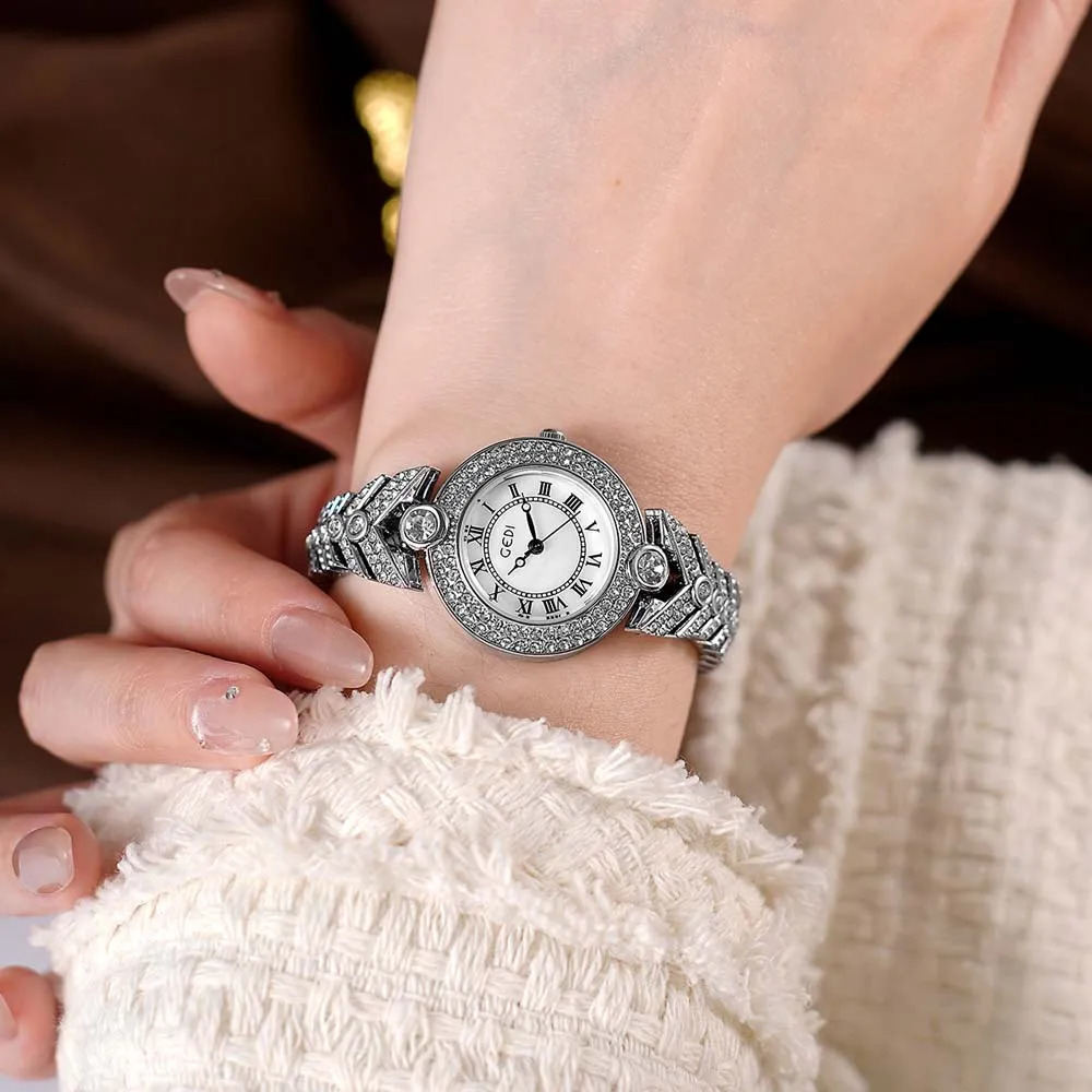 GEDI Womens Vintage Full Diamond Watch - Blue Mother-of-Pearl Dial Quartz Wristwatch Small Elegant 250606