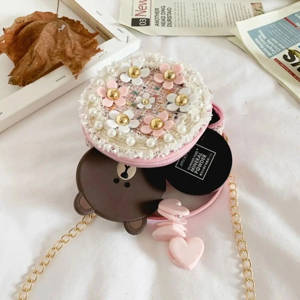 Creative Flower Children Crossbody Bag Metal Chain Mini Shoulder Pearl Fresh Round Princess Handbag Girls 250605