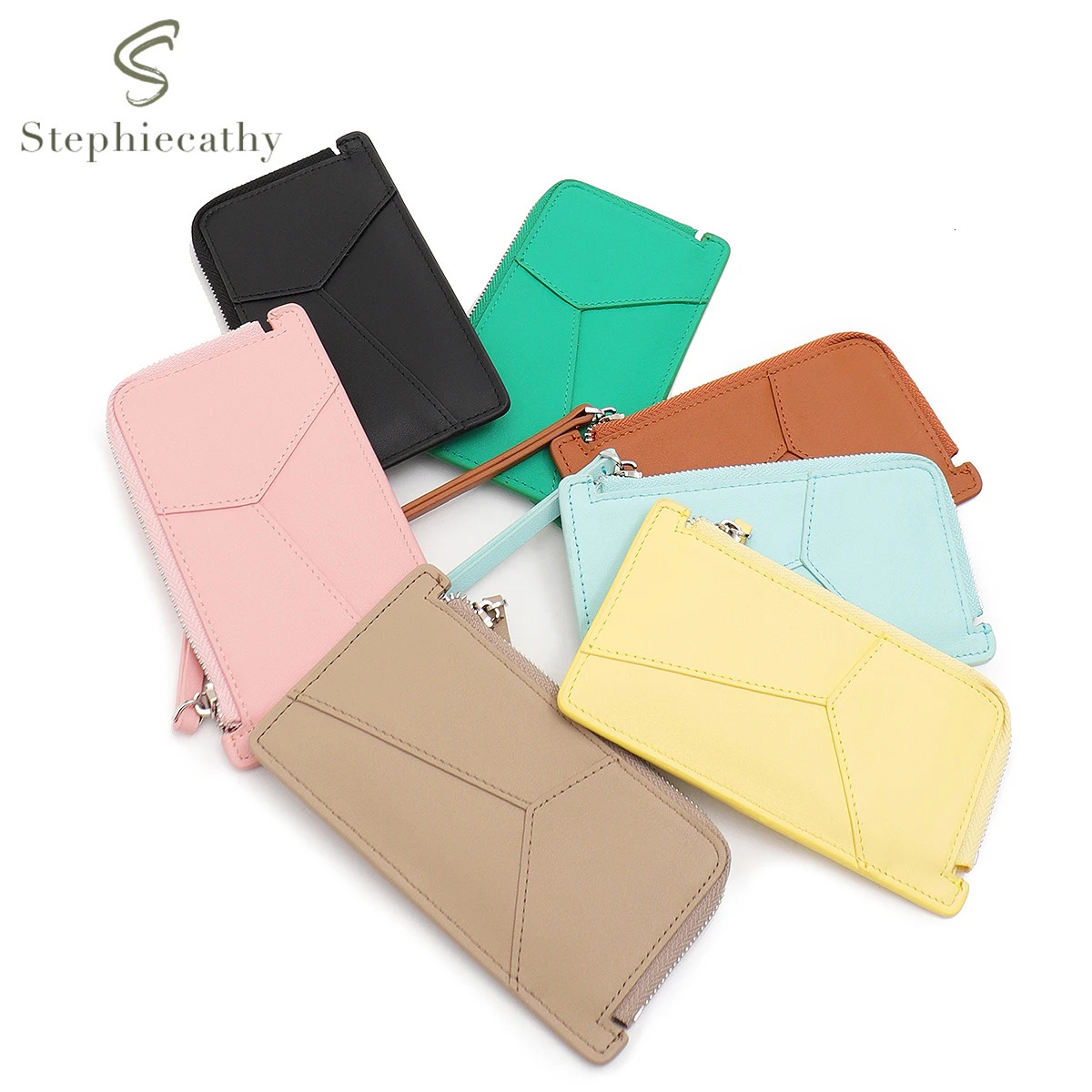 Fashionable Women Real Leather Slim Card Holder Geometric Patchwork Zipper Cards Coin Cash Portable Daily Coin Purse Mini Wallet 250605