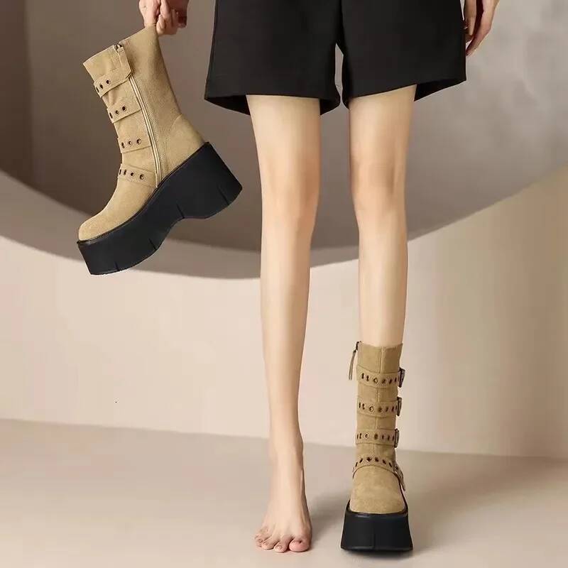 Ddmyoutdoor Women S Autumn New Super High Heel Cm Wedges Thick Soled Zipper Belt Buckle Anti Slip Outdoor Short Boots Outdoor Shoes