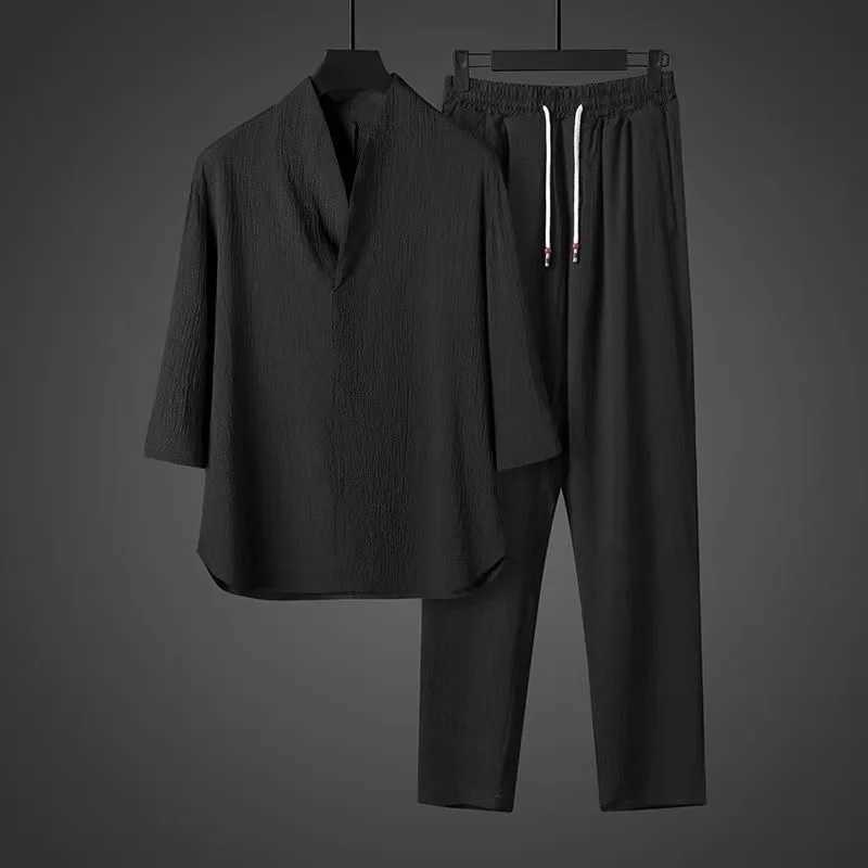 2024 Yaz Yeni Erkek in Tarz Buz pek Vintage Hanfu Tirt ve pantolon seti bol ve nefis rahat iki para set W250609