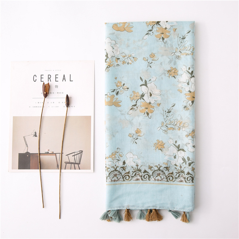 K950 Spring and summer cotton and linen ethnic style travel seaside vacation sunscreen scarf blue small flower print silk scarf beach towel female