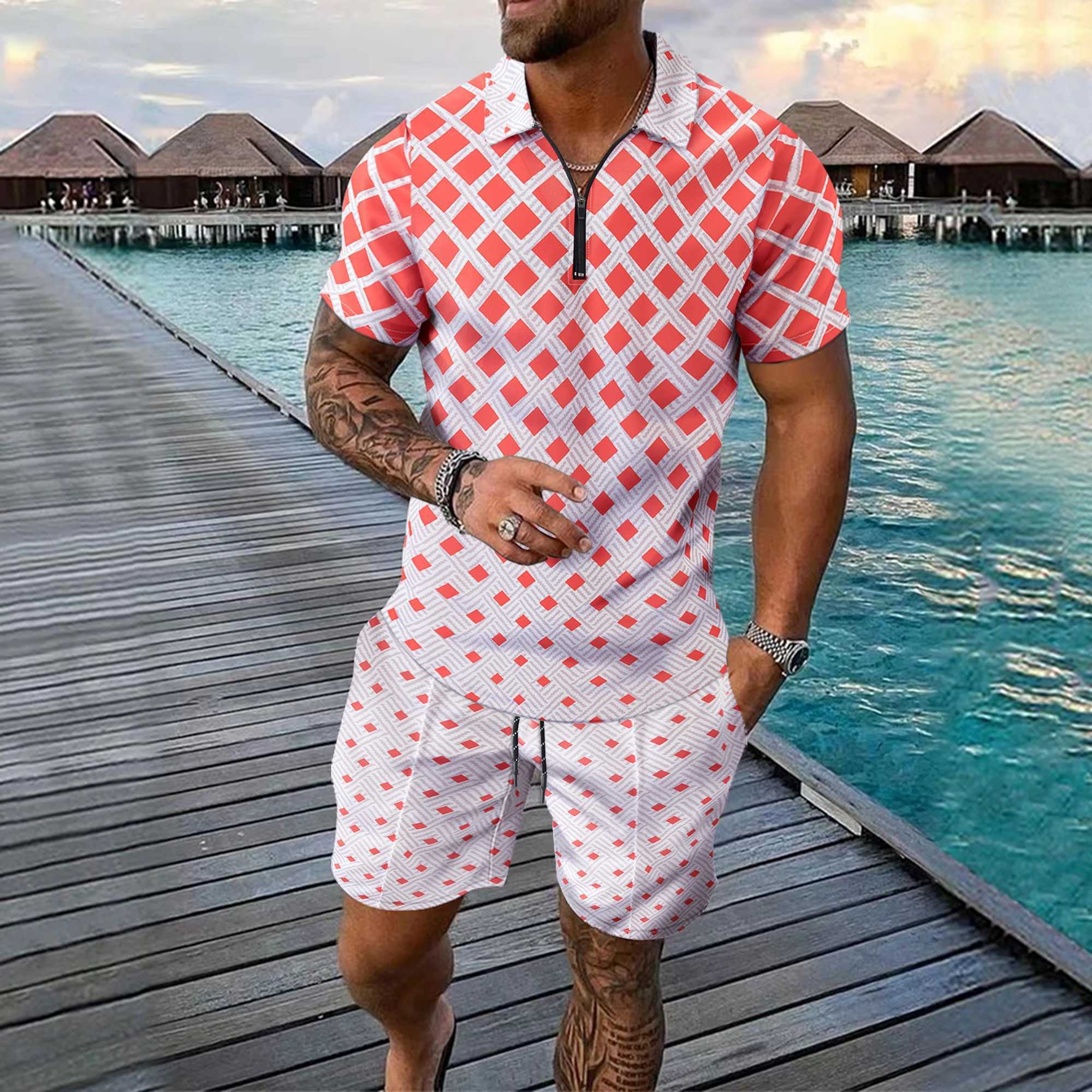 Funny 3D Plaid Print Mens Short Sleeve Sets Fashion Zip Polo Tops +Shorts Outfit Summer Loose T-shirts Suit Casual Men Clothing W250609