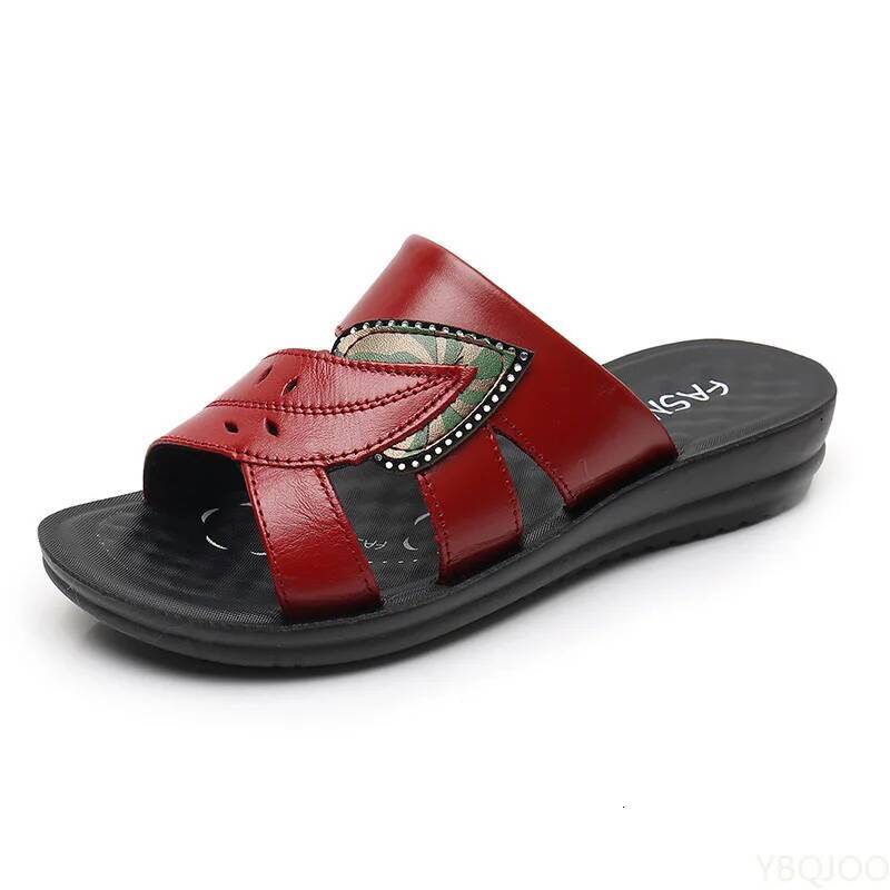 Ddmyoutdoor Slippers Genuine Leather Casual Slides Women Summer Retro Solid Mother Shoes Wedges Flip Flops Outdoor Shoes