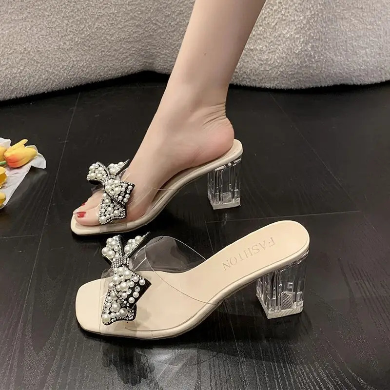 Shoes for Women Crystals Pearl Sandals Clear Woman Slippers with Bow Slides H Sandal Casual Top ns Elegant and Fashionable 250603