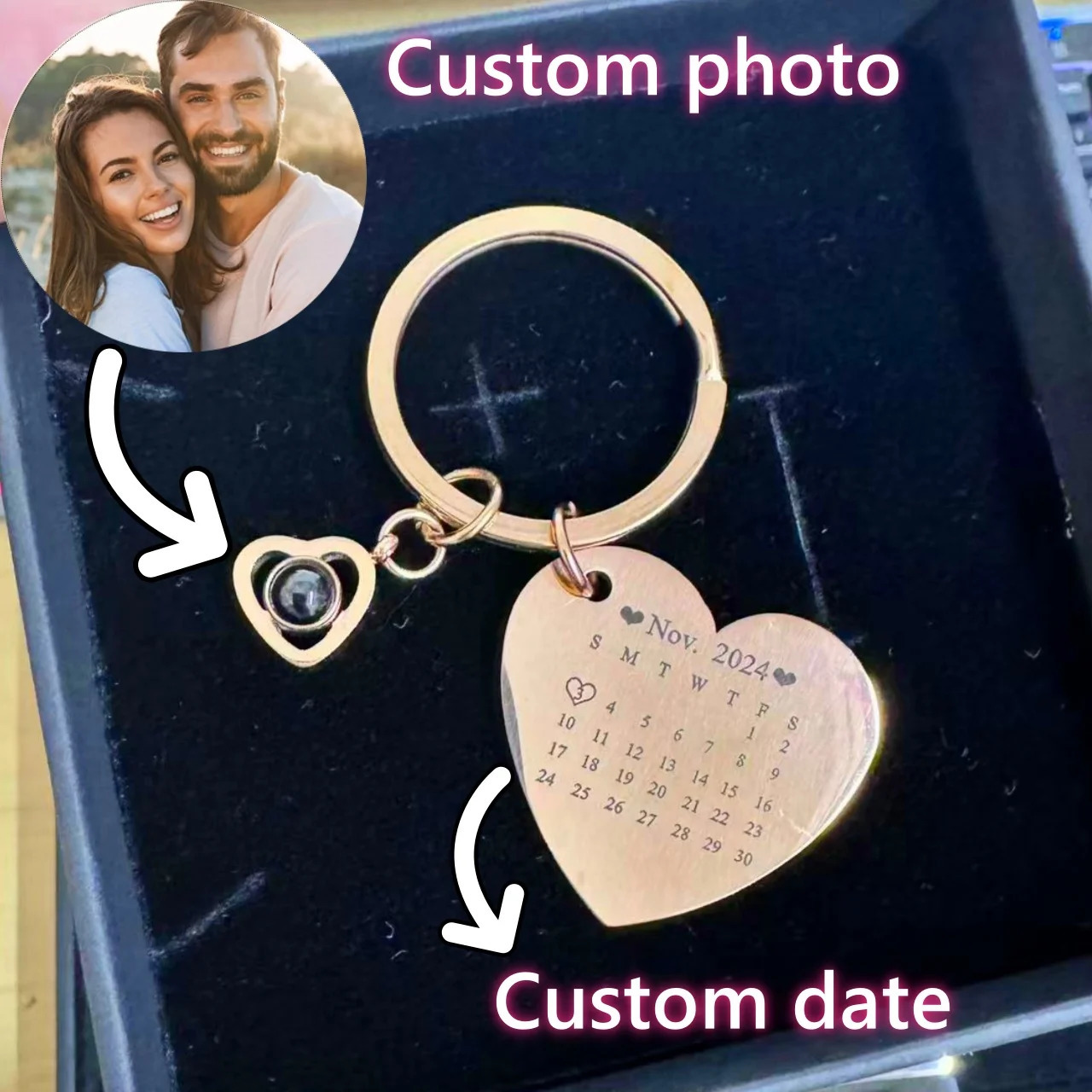 Heart Custom Picture KeyChain Projection Personalized Calendar Engraved Date Name Customized Po Jewelry Car House Stainnless 250530