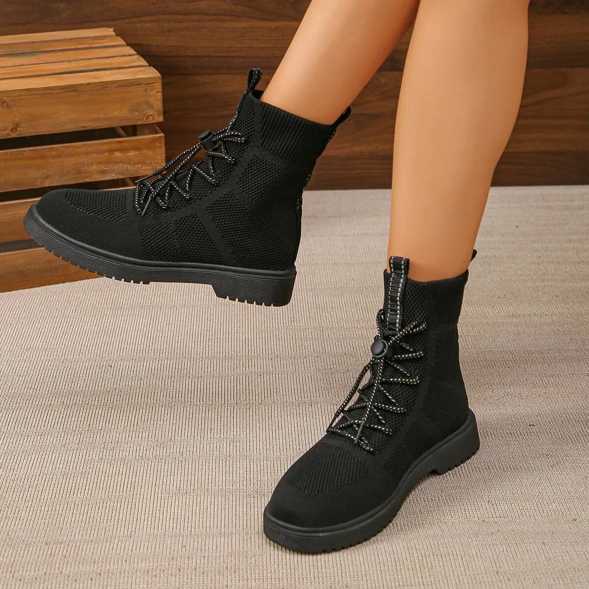 Ddmyoutdoor Women Shoes Fashion Elastic Casual Ankle Winter Trend Short Plush Warm Knnited Boots Size Flats Outdoor Shoes