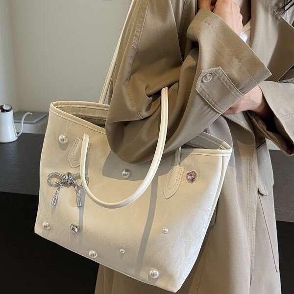 Large Capacity Tote 2025 Summer New Rivet Bowknot Underarm Textured Shoulder Bag for Women