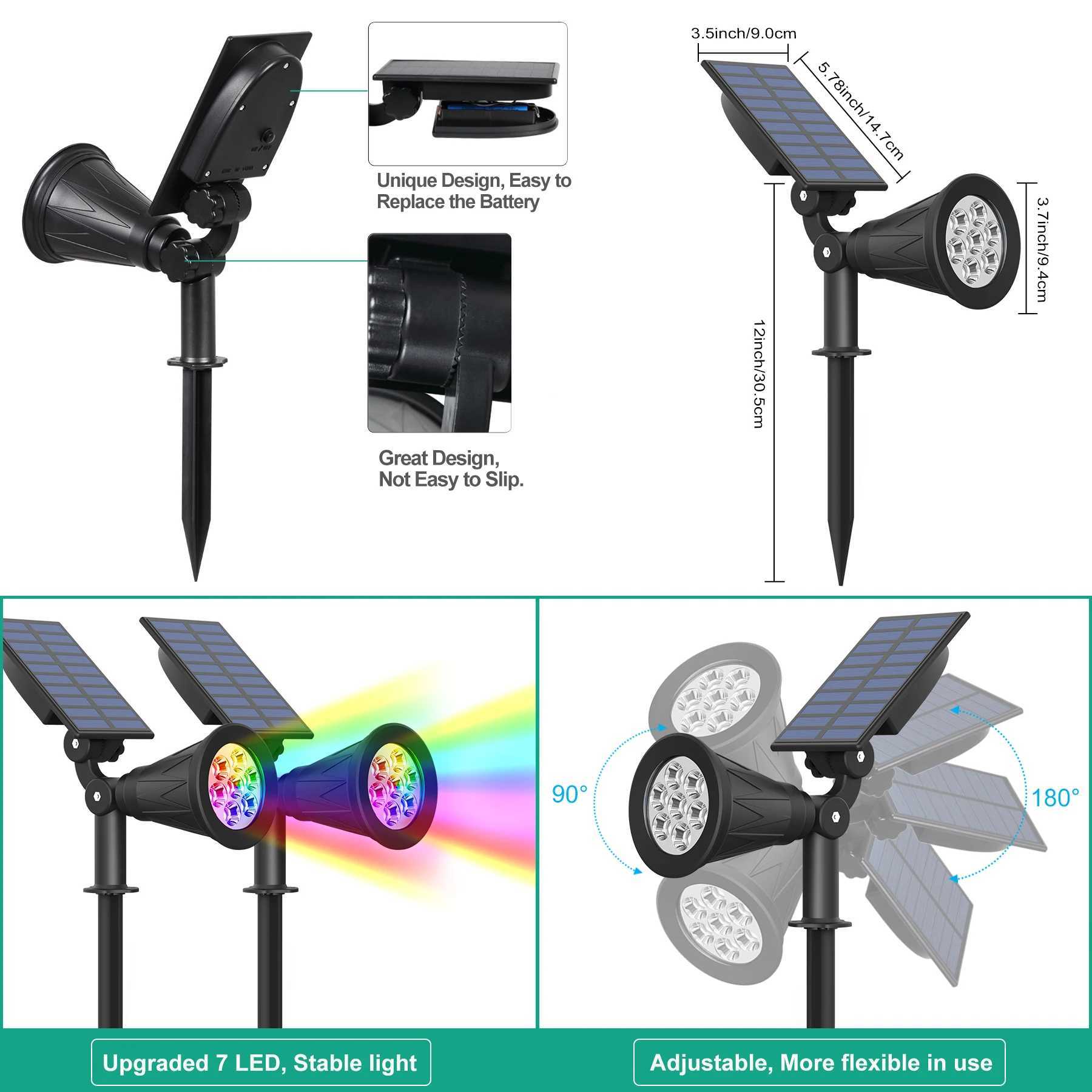 2PCS RGB Solar Light Outdoor Garden 7leds Spotlight for Landscape Tree Wall Solar Lamp IP65 Waterproof Pathway Street LED LightXJ250606