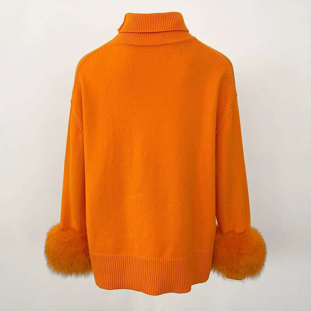 New Autumn Winter Standup Collar Cuff Spliced Natural Fox Sleeves Women Loose Knitted Genuine Real Fur Sweater