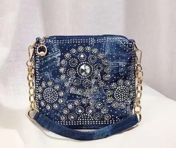 Bling Rhinestone Jeans Women's Handbags, Fashion Washed Denim Bucket Bag, Dia Handbag, Premium One Shoulder Crossbody Bag