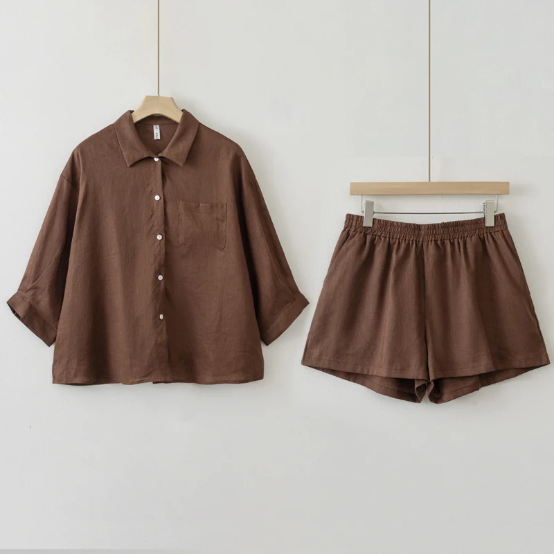 Women Summer Casual Linen Blouse Shorts Sets 250606