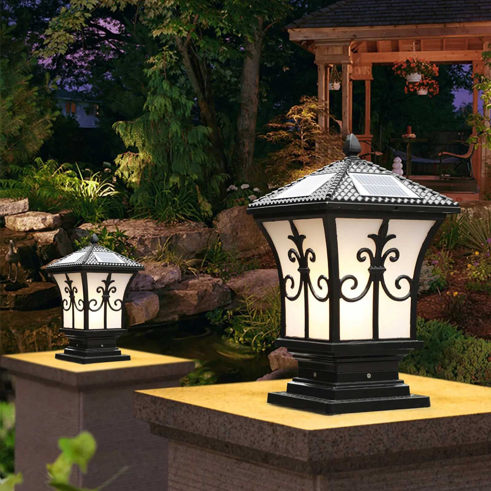Solar Powered Post Light LED Pillar Light Garden Lawn Outdoor Black Waterproof Decor Lamp Garden Lantern W250607