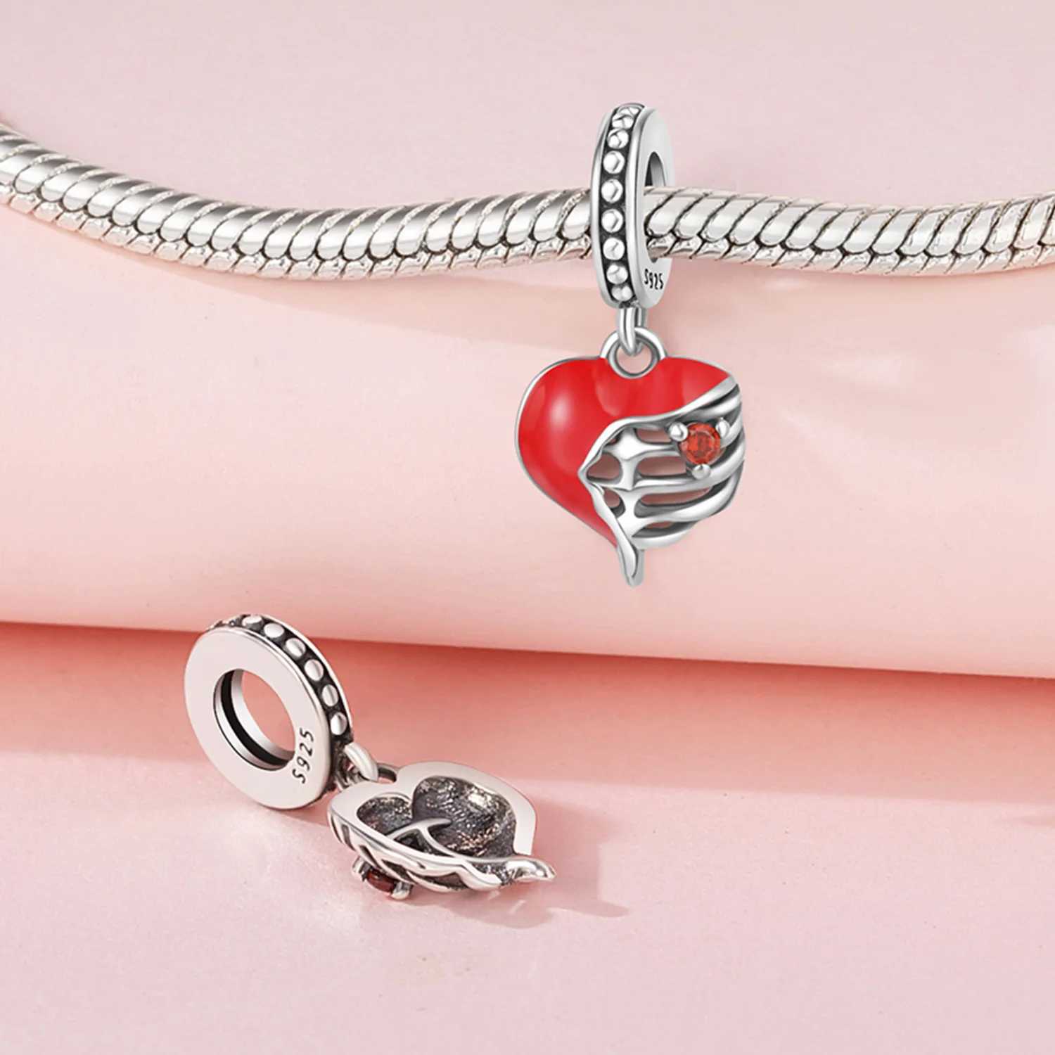 Original 925 Silver Charms Zircon Heart Rose Pink Flower Charm Fits Charms Bracelet 2024 Mothers Day Jewelry Gifts XJ250607