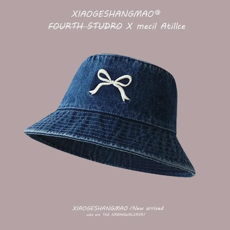 A Fishermans Hat Three-Dimensional Embroidery Bow Travel Shopping Washed Denim Basin Hat 250605