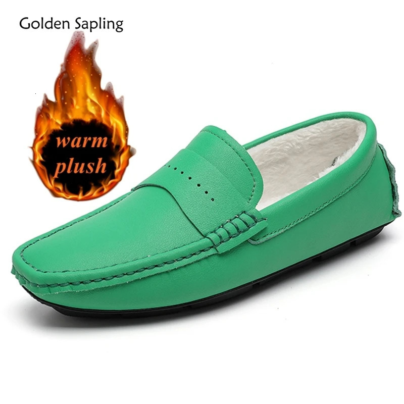 Golden Sapling Big Size 49 Mens Casual Shoes Outdoor Fashion Leather Casual Driving Boat Shoe Male Winter Warm Plush Loafers 250605