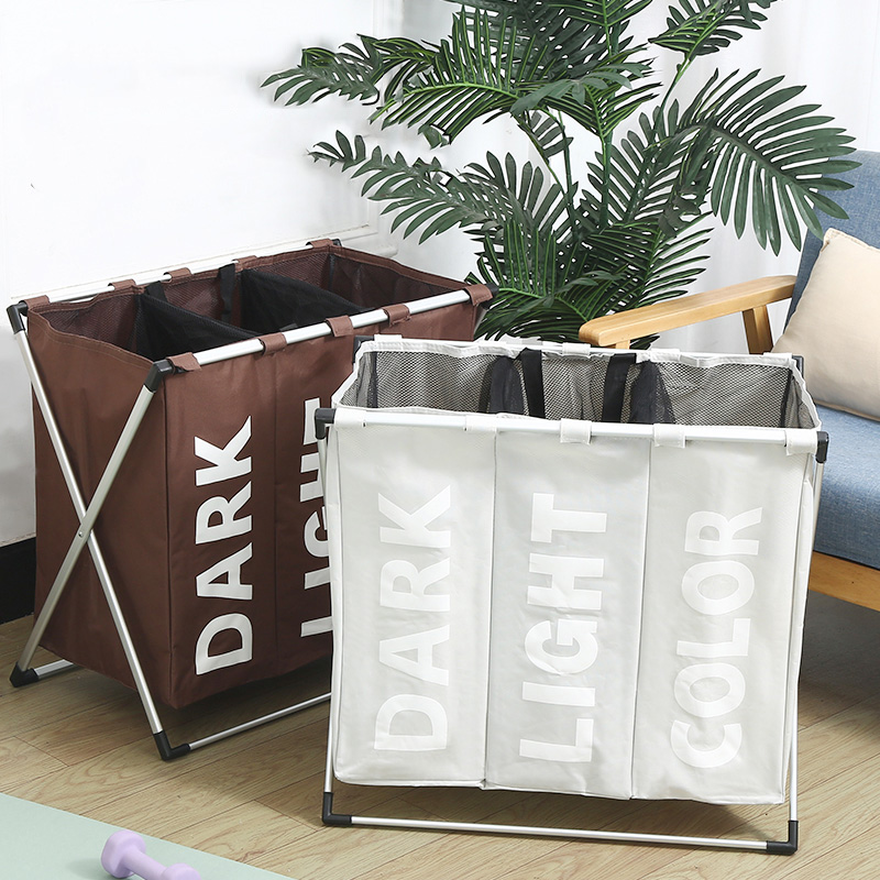 Large capacity three grid aluminum frame laundry basket foldable storage bag