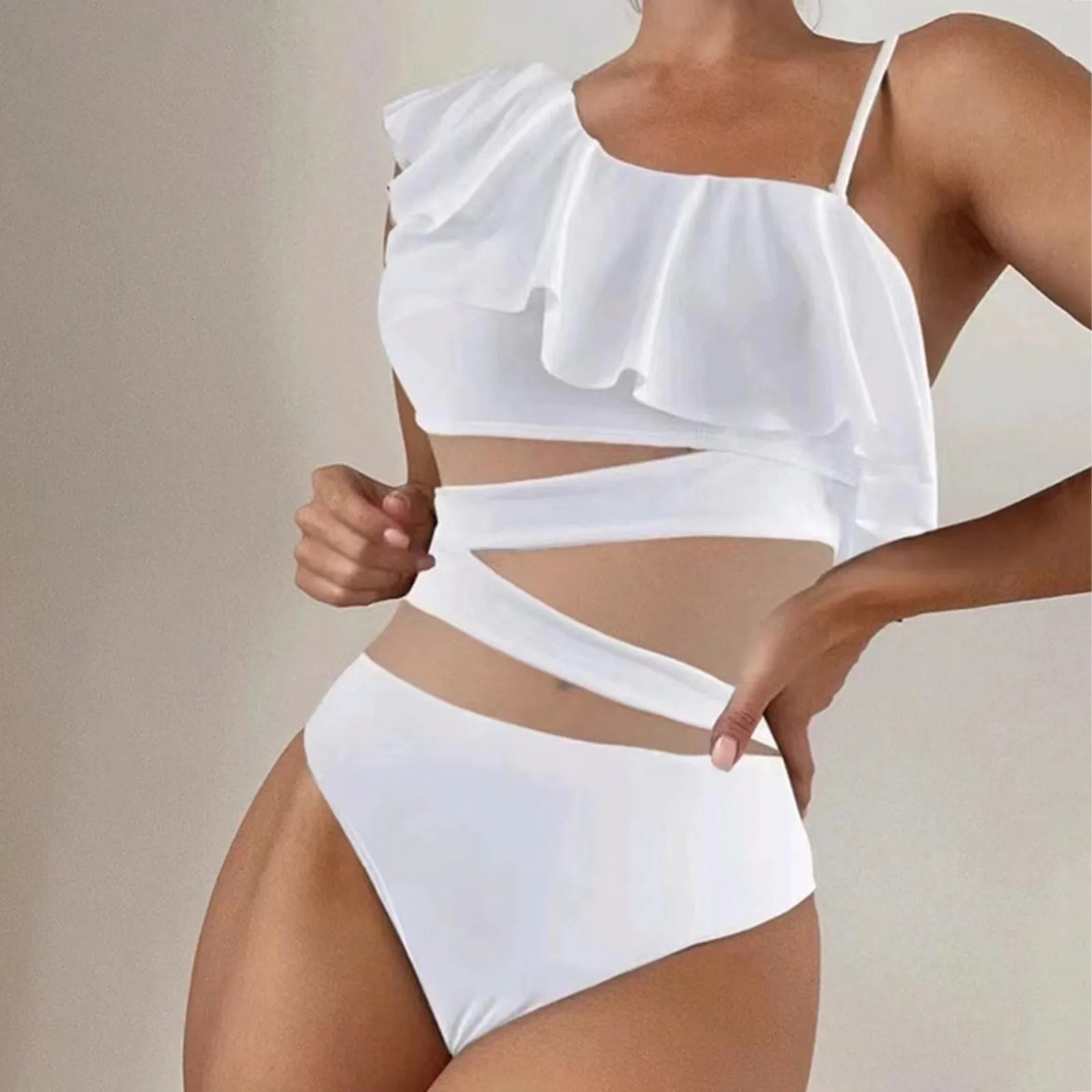 Ruffle Sling Swimsuit Mesh Splicing Solid Color Push Up Summer Bikini High Cut Conservative Beach Vacation Swimwears 250530