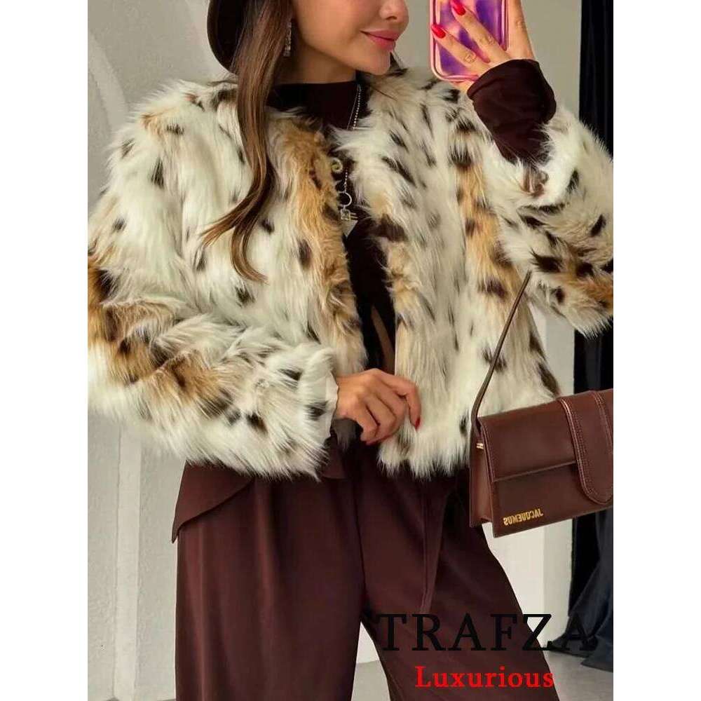 TRAFZA Vintage Leopard Chic Women Faux Fur O-Neck Long Sleeve Thick Jackets Fashion 2024 Autumn Winter Street Female Coat