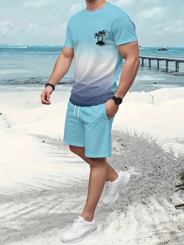 2025 New Mens Fashion Short Sleeve Set Coconut Tree Beach Print Gradient Color Summer Short Sleeve Shorts 2 Pieces Vacation W250609
