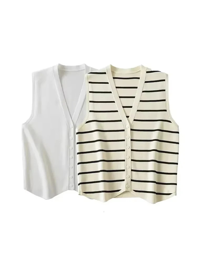 TRZA Women Fashion Front Button Striped Knit Vest Sweater Vintage V Neck Sleeveless Female Waistcoat Chic Tops 250530