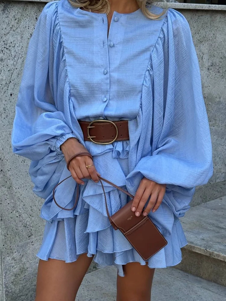 Casual Solid O Neck Ruffle Edge Womens Mini Dress Chic Lantern Sleeve Pleated Loose Dresses 2025 Summer Lady Holiday 250526