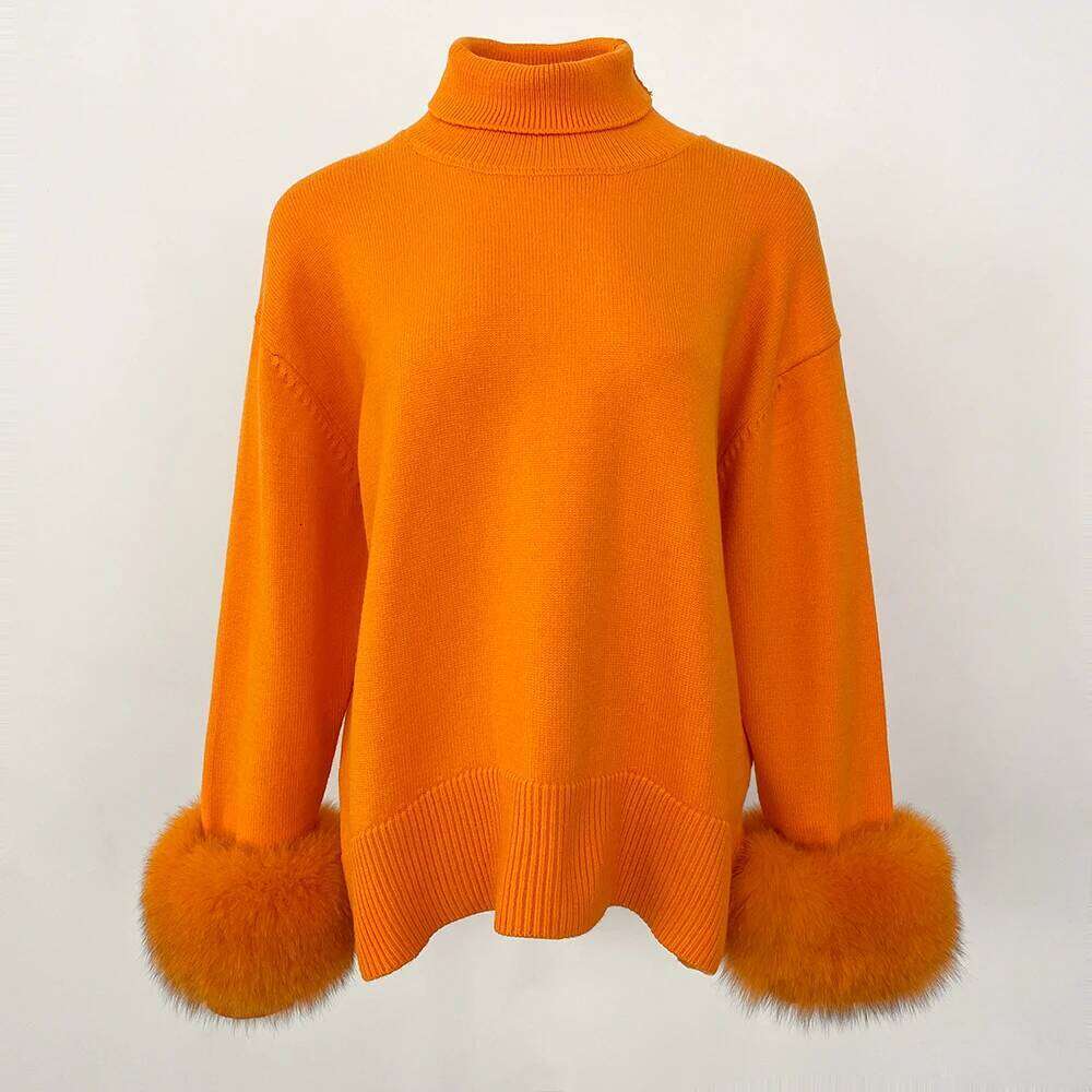New Autumn Winter Standup Collar Cuff Spliced Natural Fox Sleeves Women Loose Knitted Genuine Real Fur Sweater
