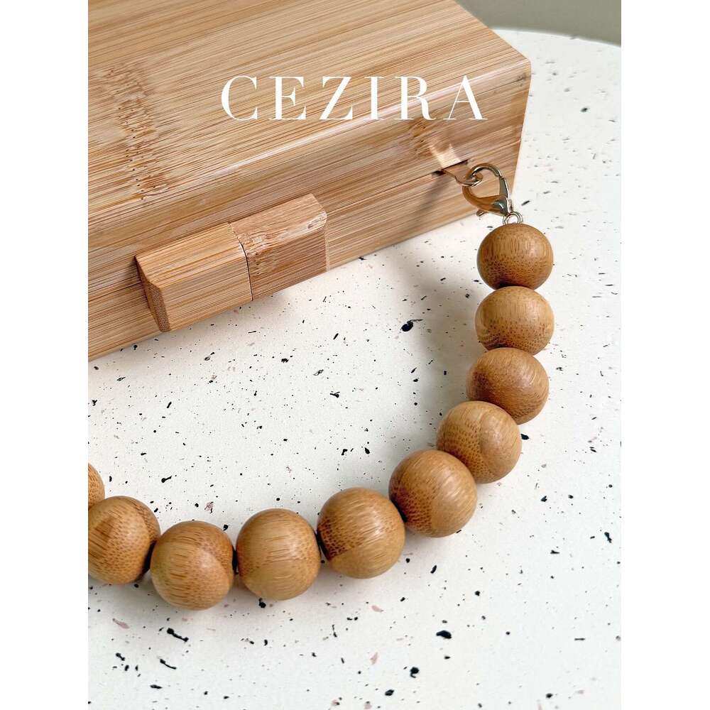CR Summer Vacation Women's Fashion Elegant Bamboo Clutch Square Handbag Wood Beaded Handle Long Chain Cross Body Evening Purse