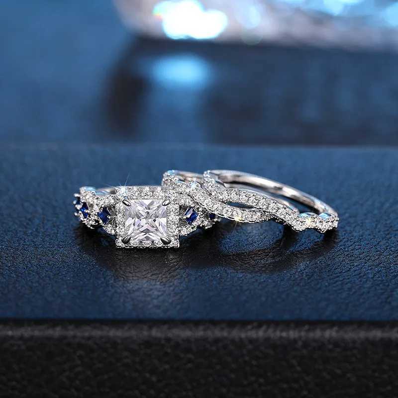 3Pcs/Set 925 Sterling Silver Rings Princess Cut Blue CZ Luxury Wedding Engagement Party Jewelry Set for Women Fashion Accessory XJ250606