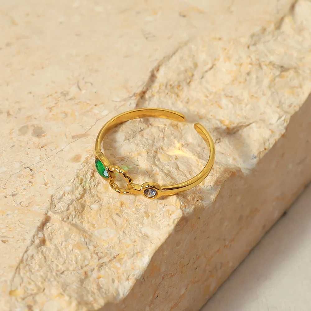 WILD FREE Green Zircon Crystal Stainless Steel Rings for Women Simple Charm PVD Gold Plated Waterproof Jewelry W250606