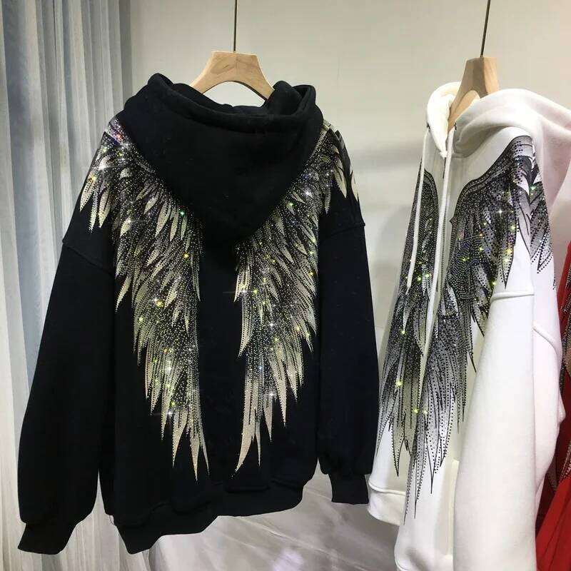 Women Big Wings Hot Drilling Hooded Jacket Dias Beaded Hoodies Coat Rhinestones Cardigan Zipper Plus Veet Tops