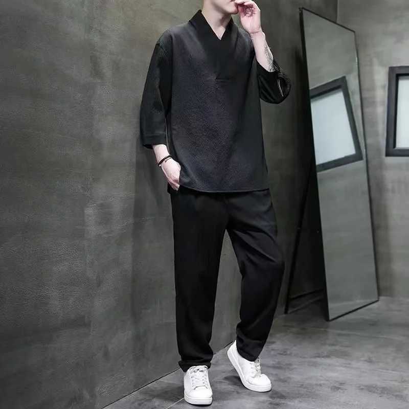 2024 Yaz Yeni Erkek in Tarz Buz pek Vintage Hanfu Tirt ve pantolon seti bol ve nefis rahat iki para set W250609